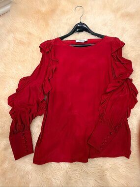 Italian Designer Red Ruffle Sleeve Blouse Silk